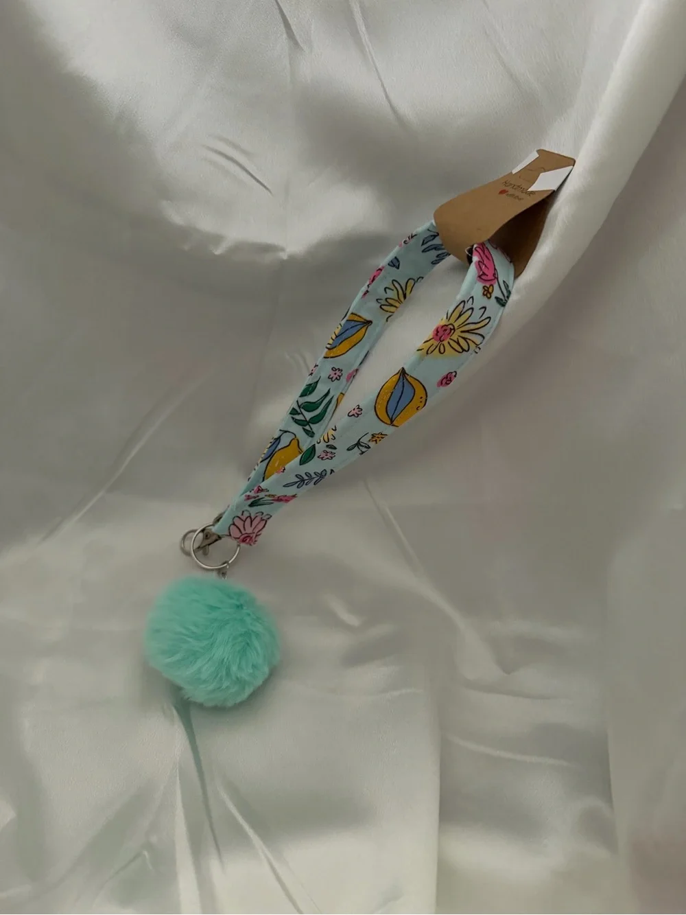 Handmade Lemon and Floral Print Wristlet Keychain With Bright Green Pompom